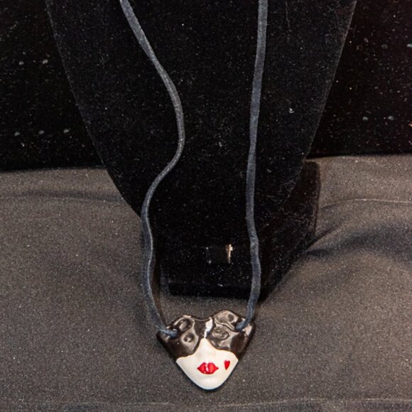 Art Deco Ceramic Masked Lady on Leather cord Necklace 24" Adjustable Tie - Picture 2 of 4